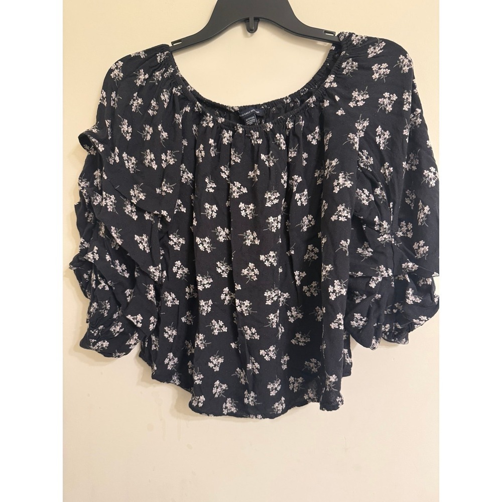 American Eagle Floral Off Shoulder Ruffle Sleeve Top Black White XS
